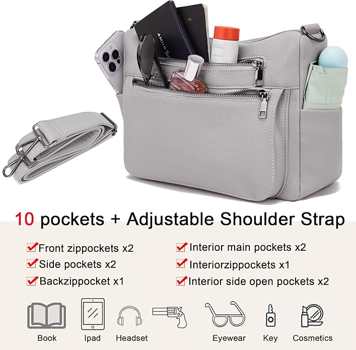 YZAOLL Large Crossbody Shoulder Bag for Women Vegan Leather Tote with Adjustable Wide Strap Work Purse with 10 Pockets