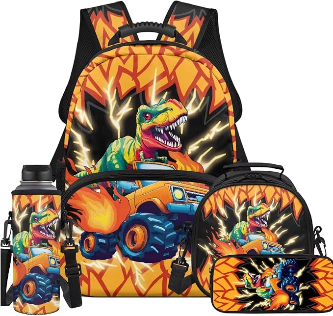 Fire Dinosaur Car Kids Elementary School Backpacks For Boys with Lunch Box Soft Pencil Case Water Bottle Sleeve for Ages 6-10 4Pcs Set 17 Inch Large Capacity Lightweight Supplies School Gift by Unknown