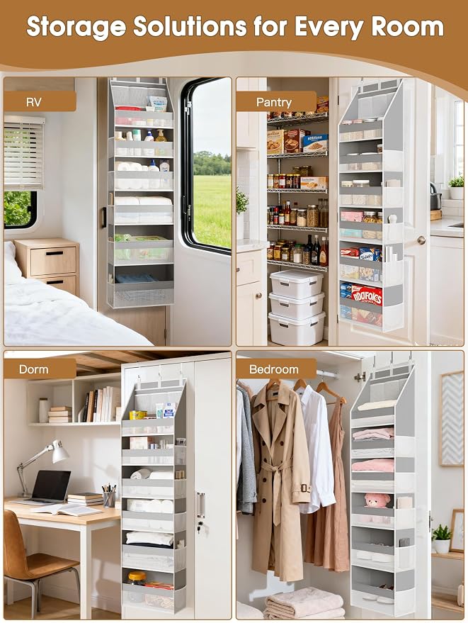 Criusia Over The Door Organizer, Heavy-Duty 6-Shelf Hanging Storage with 13 Mesh Pockets, 55lbs Capacity Behind The Door Storage for Nursery, Bathroom, Bedroom, and Dorm, Grey - Image 7