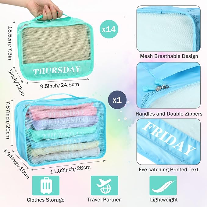 Days of Week Packing Cubes Summer Camp Essentials Weekly Organizer Storage Bag School Clothes for Travel Kids Family(9x7x3inch,Macaron,15) - Image 3