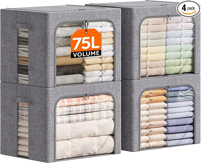 Lifewit Clothes Storage Bins with Metal Frame, Stackable Storage Box, Foldable Clothing Storage Bins with Lids, 75L Storage Bags Fabric Box Organizer with Clear Window＆ Zippers＆ Sturdy Handles 4 Pack by Lifewit