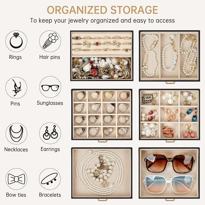 AKOZLIN 6-Tier Jewelry Box Organizer Functional 5 Drawers Leather Jewelry Storage Case for Women Girls Ring Necklace Earring Bracelet Holder Organizer with Mirror Medium Black - Image 3