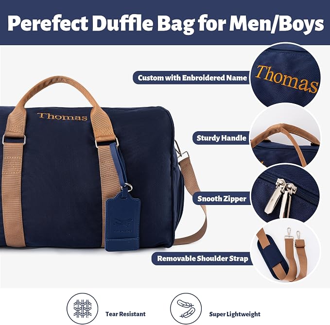 Travel Duffle Bag Set for Men Boys Personalized Weekender Overnight Bag with Embroidered Name - Custom Canvas Duffle Bag with Toiletry Bag and Shoe Compartment for Travel Trip Workout (Blue) - Image 3