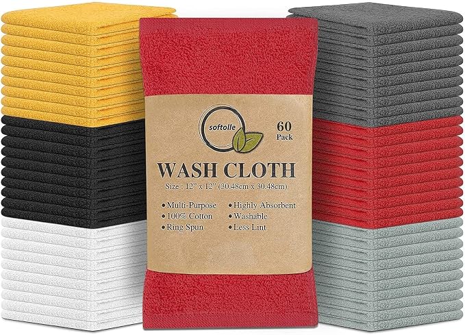 100% Cotton Washcloths 60 Pack (12x12 Inches) Soft, Highly Absorbent Washcloth, Face Towels, Wash Cloths for Face, Ring Spun, Bulk Pack (Assorted) by Softolle