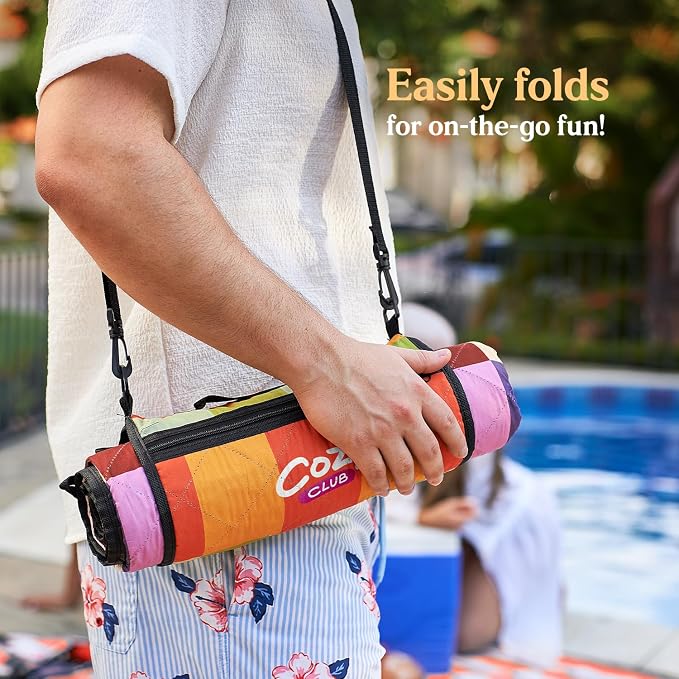 Cozy Club Waterproof Picnic Blanket – Foldable Outdoor Mat 60x70 with Stakes, Pocket & Shoulder Strap | Sandproof Beach Blanket for Festivals, Camping & Travel | Self-Packing | Multicolor | US Brand - Image 5