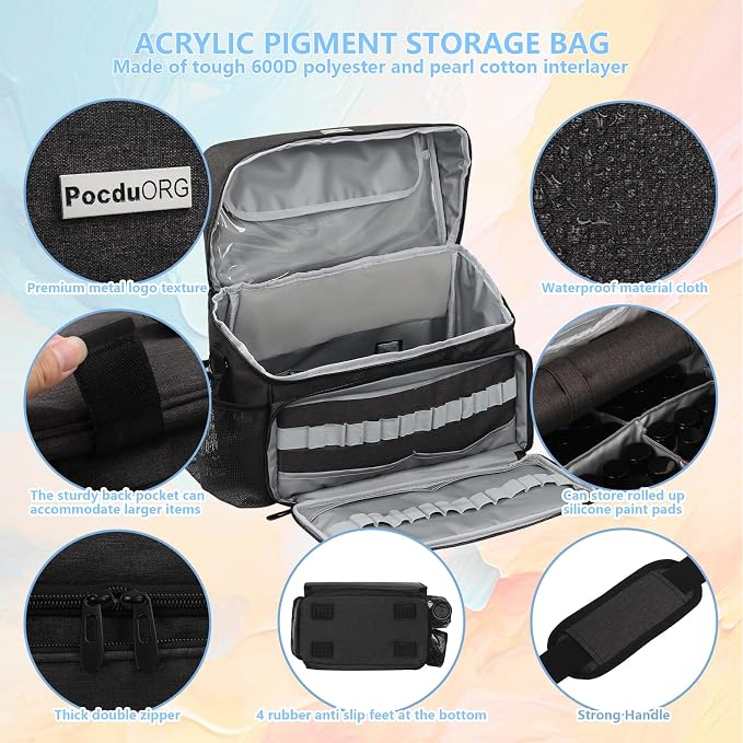 Acrylic Paint and Brush Set Organizer Bag - Carrying Case Compatible with Apple Barrel, Shuttle Art, Caliart Art Supplies - Includes Detachable Paint Brush Holder - for Home/Travel/Outdoor (Pro Black) - Image 2