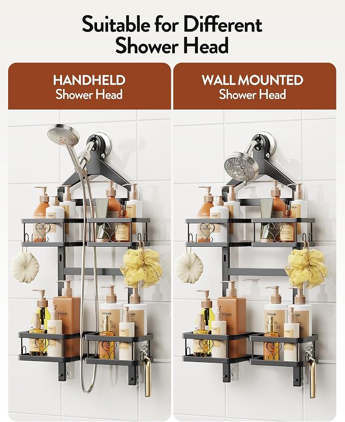 Orimade Adjustable Hanging Shower Caddy for Handheld Shower Heads, Rustproof Bathroom Shelf Organizer Over Showerhead Storage Rack with 8 Hooks, Easy-Clean Removable Baskets & Triple Anti-Slip Fixing - Image 3