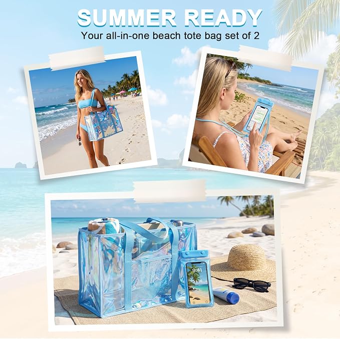 Iridescent Waterproof Beach Tote Bag for Women Large Jelly Tote Bag for Summer Travel Vacation Swim Pool - Image 6