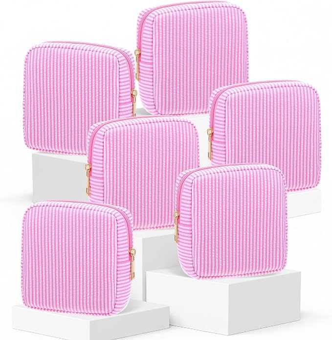 Sanwuta 6 Seersucker Cosmetic Bag Bulk Striped Makeup Bag for Women Aesthetic Cute Travel Toiletry Organizer Preppy Storage Pouch for Wedding Bridesmaid Mother's Day Teacher Gift (Small,Pink) by Sanwuta