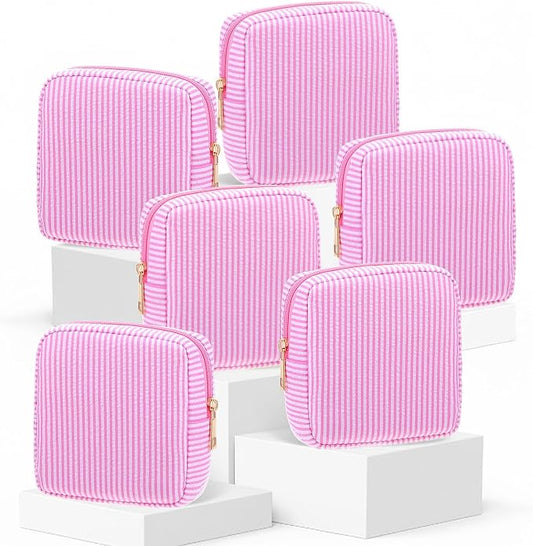 Sanwuta 6 Seersucker Cosmetic Bag Bulk Striped Makeup Bag for Women Aesthetic Cute Travel Toiletry Organizer Preppy Storage Pouch for Wedding Bridesmaid Mother's Day Teacher Gift (Small,Pink) by Sanwuta