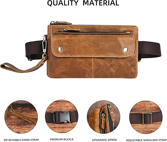 Water Resistant Canvas + Leather Hiking Riding Travel Fanny Waist Pack Small Phone Pouch For Men Women FB811-29 (100% Leather-The 8136 Brown2) - Image 5