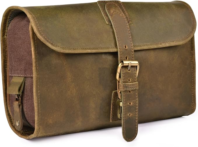 LEATHER VILLAGE Hanging Genuine Leather Toiletry Bag for Men & Women with Waterproof Lining – Handcrafted Vintage Travel Dopp Kit, Shaving Organizer & Shower Bathroom Essentials Case - Mud by LeatherVillage