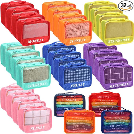 Days of Week Packing Cubes Summer Camp Essentials Weekly Organizer Storage Bag School Clothes for Travel Kids Family(9x7x3inch,Rainbow,32) by Yeyeplum