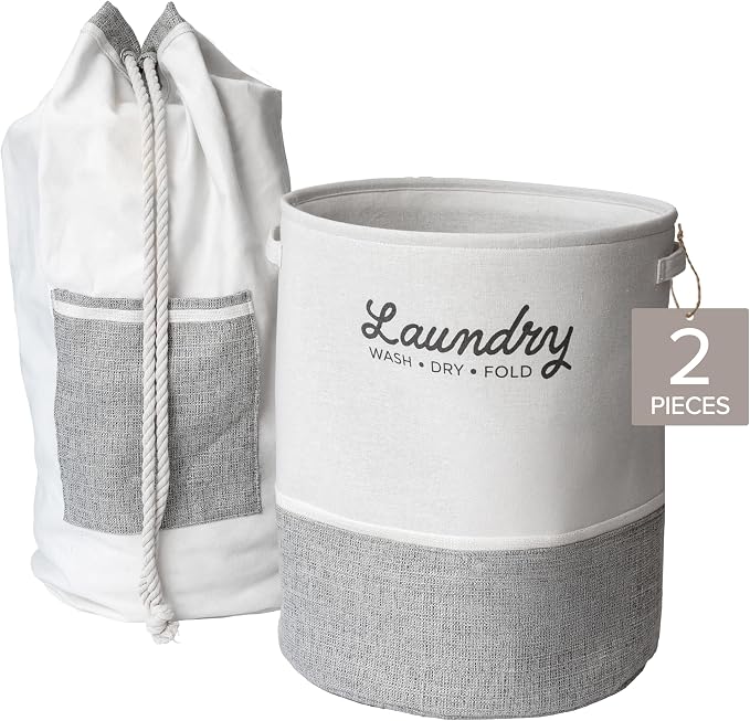 RGI Home 2-Piece Laundry Bag and Basket Set with Easy-Carry Handles, Heavy Duty Canvas and EVA, Durable and Stylish for Laundry Storage, Cream with Light Gray and White Accents by RGIHome