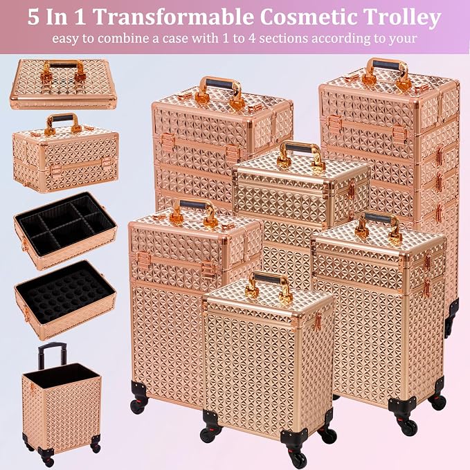 AROUS 5 in 1 Rolling Makeup Train Case with Lid Cosmetology Case on Wheels | Large Cosmetic Trolley Organizer with Keys Salon Barber Case Traveling Cart Trunk for Artist Hairstylists Nail Tech, Gold - Image 3