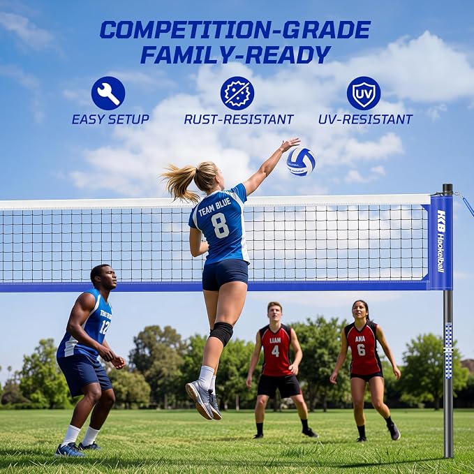 Haokelball Outdoor Volleyball Net Set for Backyard, 32FT Regulation, 3-Level Adjustable Height & Anti-Sag Tension System, Heavy Duty Thick Poles, Includes Volleyball, Pump, Boundary Line and Carry Bag - Image 2
