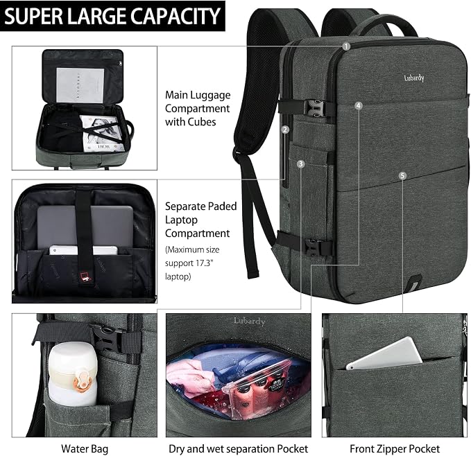 Lubardy Travel Backpack for Men Women 17 Inch Flight Approved Carry on Backpack Waterproof Large 40L Luggage Daypack Business College Weekender Overnight Laptop Backpack with 3 Packing Cubes, Grey - Image 4