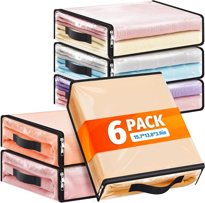 SpaceWhisper 6 Pack Clear Storage Bags, Plastic Blanket Storage Bags with Zipper and Handle, Moving Bags for Comforter, Bedding & Clothes, Closet Organizer and Under Bed Storage (15.7x13.8x3.9 Inch) by Unknown