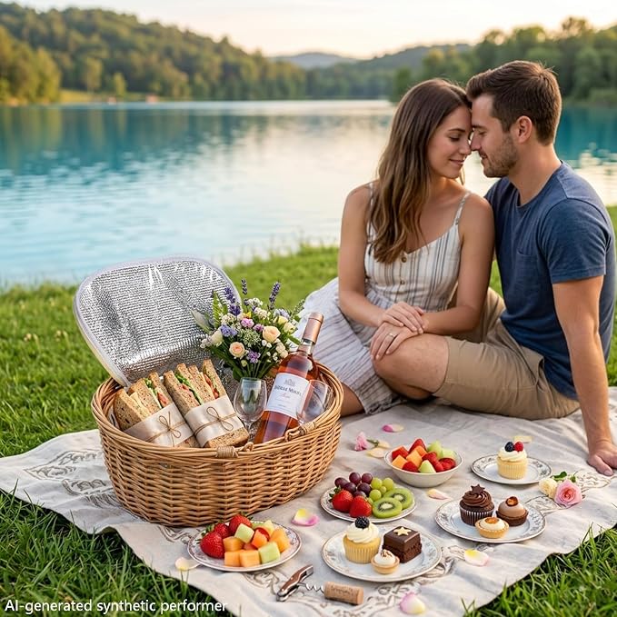 Wicker Picnic Basket with Insulated Lined Bag 15“ x 11” x 7“ Red, White,Blue Star Stripe Pattern, Iced Beer Insulated Bag for Camping, Picnics, Birthday Gifts, Wedding Gifts - Image 11