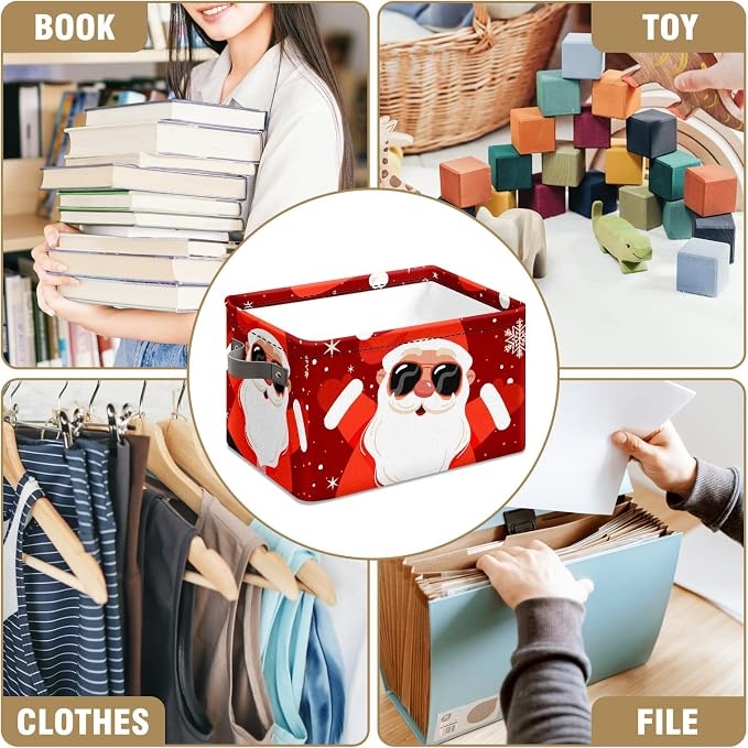 Christmas Baskets Storage Bins with Handles, Decorative Christmas Santa Claus Foldable Cloth Organizer Storage Boxes for Home Office 14 x 10 x 8 - Image 7