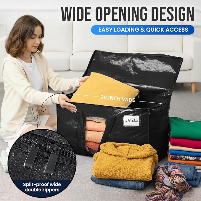 TAILI Extra Large Moving Bags, 8 Pack Black Heavy Duty Totes For Storage with Visible Window, Wrap Around Handles, Storage Bags for Space Saving, Alternative to Moving Boxes - Image 4