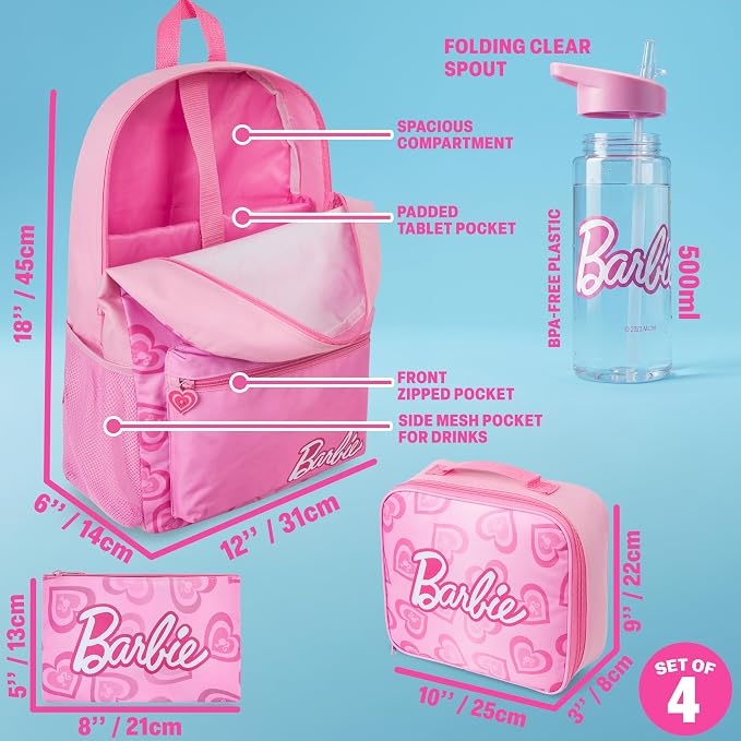 Get Trend Barbie Kids Backpack 4 Piece Set | 18 inch Bookbag, Insulated Lunch Bag, Zipped Pencil Case & BPA-Free Water Bottle for School & Travel, Gifts for Girls - Image 3