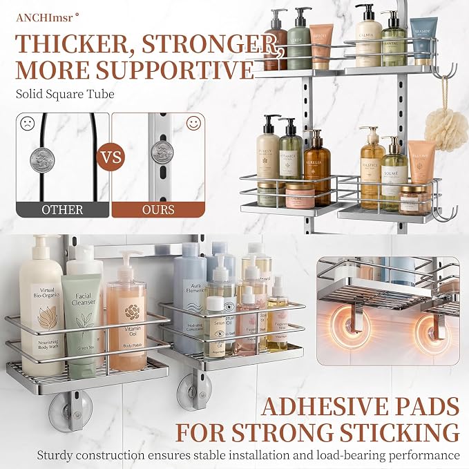 4-Tier Adjustable Hanging Shower Caddy for Handheld Showerhead, Silver | Rustproof Shower Rack Baskets, Anti-Swing Hanging Shower Organizer for Bathroom Storage with 2 S-Hooks, Large Capacity - Image 5
