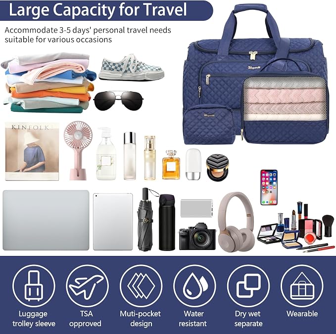 Wogarl 3PCS Weekender Bags for Women Large Overnight Bag Weekend Travel Duffel Bag Carry on Shoulder with Shoe Compartment Canvas Toiletry Bag for Travel Business Gym,Dark Blue - Image 7