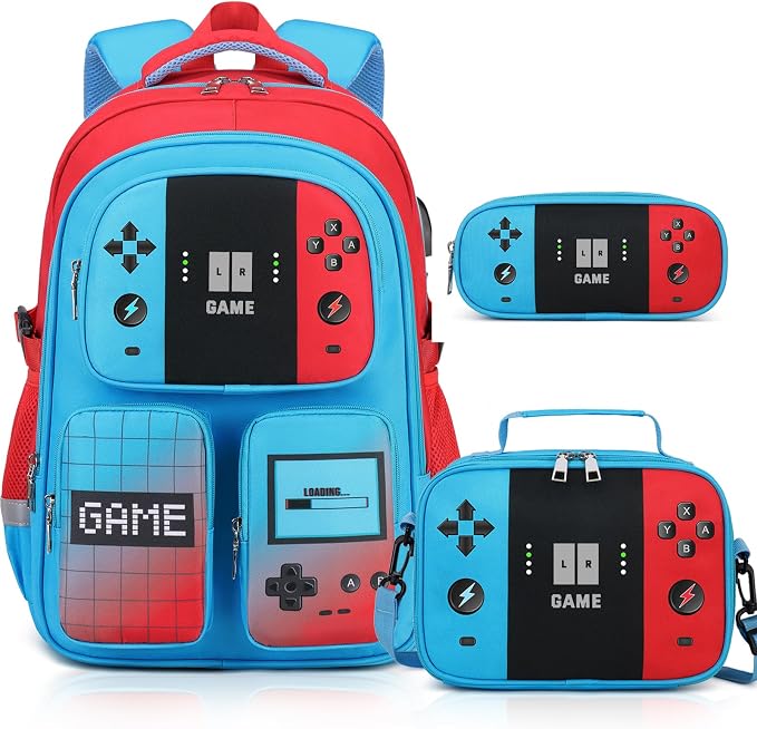 Gamer Backpack for Boys , 3PCS Boys Backpack with Lunch Box & Pencil Pouch, Waterproof School Bags for Boy Kids Children Teens, Elementary Middle School, Kids Book Bag Casual Daypack (Red Blue) by Jafeton