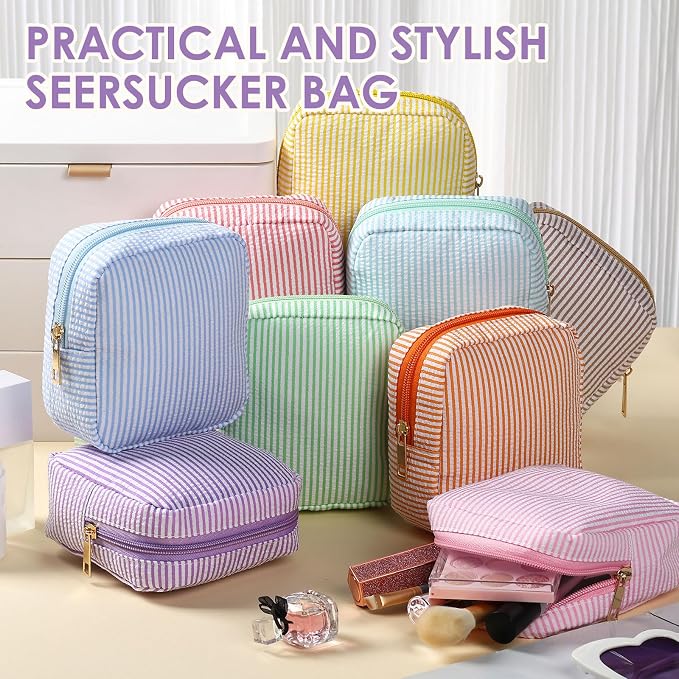 Sanwuta Seersucker Cosmetic Bag Bulk Striped Makeup Bag for Women Aesthetic Cute Travel Toiletry Organizer Preppy Storage Pouch for Wedding Bridesmaid Mother's Day Teacher Gift(Small,Candy Color,9) - Image 4