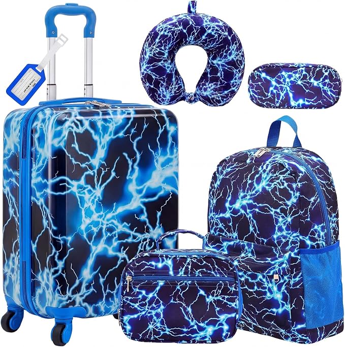 Redbaker 6 Pcs Travel Luggage Set, 17 Inch Rolling Suitcase with Backpack Lunch Bag Neck Pillow Luggage Tag and Pen Pouch, Blue Lightning Pattern for Vacation Sleepover Weekend Trips by Redbaker