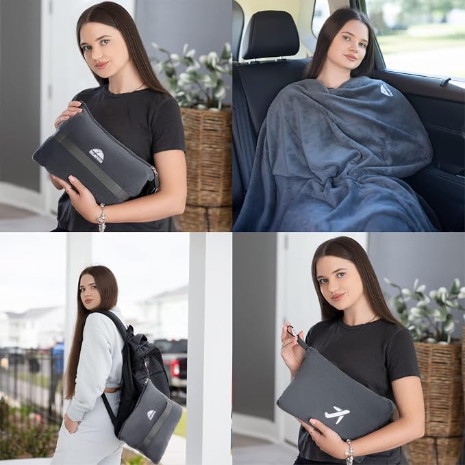 BlueHills Premium Soft Plush Mini Travel Blanket Pillow Plane 2 in 1 Gray | Luggage Belt & Backpack Clip, Compact Lightweight, Airplane Essentials, Zipper Case, Long Flight Traveling Throw, Small Bag - Image 3