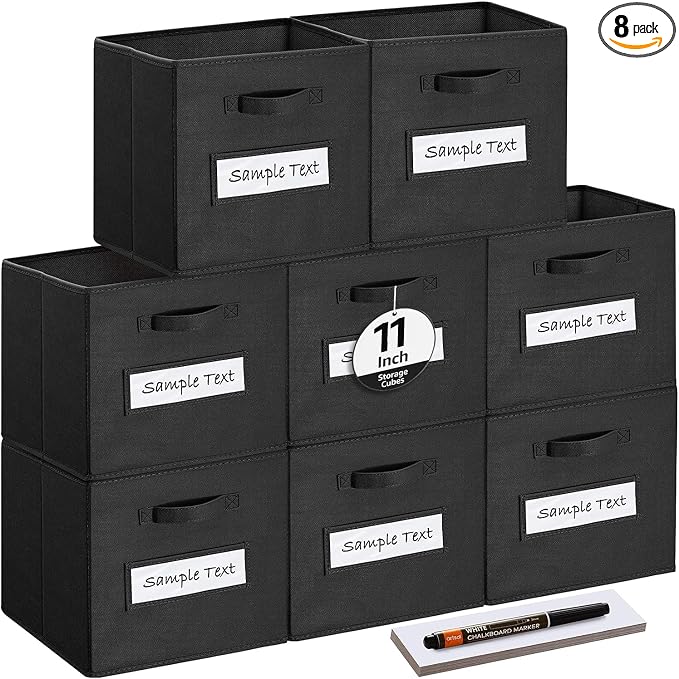 Fabric storage cubes (Set of 8) 11 Inch Cube Storage Bin, Cube storage with 8 Labels Window Cards & a Pen, Foldable cube organizer bins,11x11 Storage bin, Cubby Organizer Boxes, Black by Artsdi