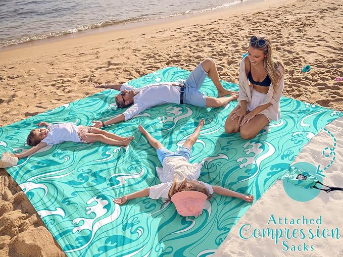 WEKAPO Beach Blanket Waterproof Sandproof Oversized Extra Large Sand Free Beach Mat with Stakes, Storage Bag - Essentials for Outdoor Beach, Picnic (Turquoise Ocean Waves, 11 X 9 FT (1~10 Person)) - Image 2