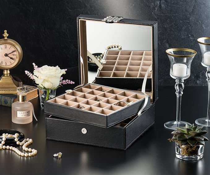 Glenor Co Earring Organizer - Classic 50 Section Jewelry Box/Case/Holder for Earrings, Rings, Necklaces, Jewelry, Cufflinks or Collections -2 Layer Small Compartments with Large Mirror - Black - Image 2