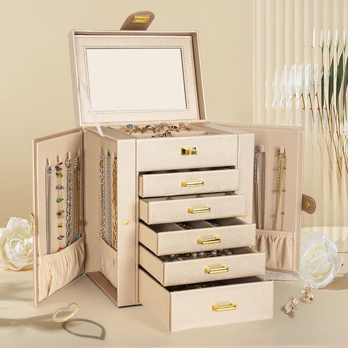 AKOZLIN 6-Tier Jewelry Box Organizer Functional 5 Drawers Leather Jewelry Storage Case for Women Girls Ring Necklace Earring Bracelet Holder Organizer with Mirror Champagne Regular - Image 2