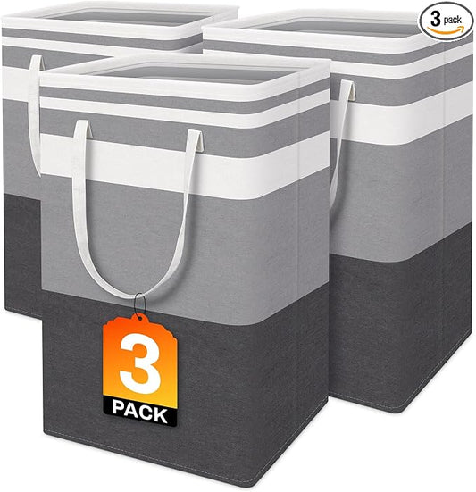BlissTotes 3-Pack Laundry Basket, Freestanding＆Waterproof Laundry Hamper, Collapsible Tall Clothes Hamper with Easy Carry Handles for Clothes, Towels in the Family and Dorm,Gradient Grey,75L by BlissTotes