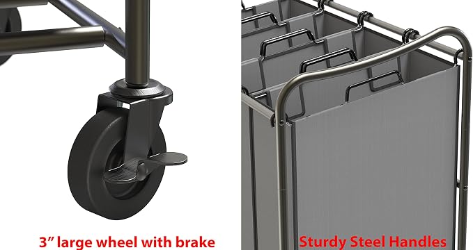 Simple Houseware 4-Bag Heavy Duty Laundry Sorter Rolling Cart, Dark Grey | Removable Bags and Lockable Wheels for Laundry Room Organization - Image 7