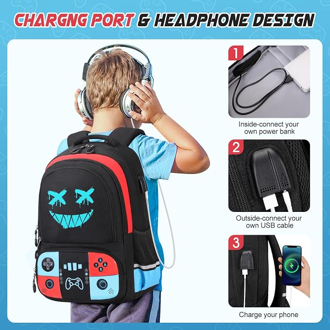 Bevalsa Backpack for School Boys, Cool Luminous Gamer Boys Schoolbag with Sling Bag,Lunch Box & Pencil Case for Kids Children Teens Elementary Middle School(Red Blue Smile Backpack with Shoulder Bag) - Image 6
