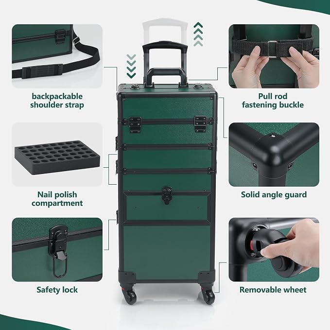Somduy Rolling Makeup Case with Drawer, Makeup Train Case, 4 in 1Cosmetology Case on Wheels, Christmas Gift, Large Makeup Case Organizers, Profesional Cosmetic Case for Salon Barber, Green - Image 5