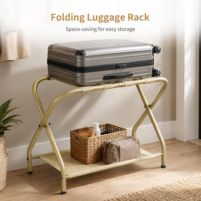 Heybly Luggage Rack for Guest Room, Pack of 2, Steel Folding Suitcase Stand with Storage Shelf for Bedroom, Hotel, Foldable Steel Frame, Guest Room 26.2" L x 14.4" W x 20.5" H, Gold HLR004J2 - Image 4