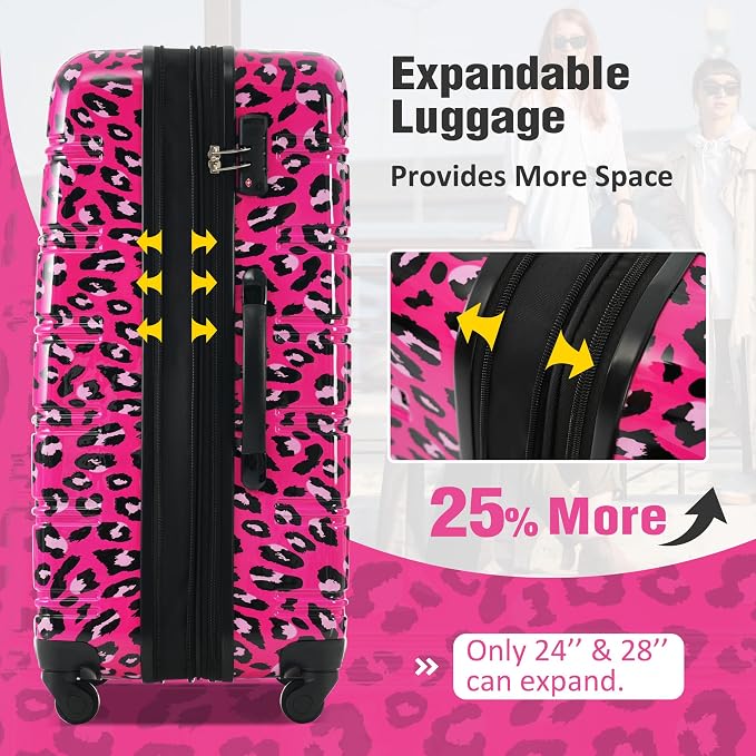 Merax Luggage Sets 3 Piece,Hardside Expandable Suitcase Set 20+24+28 IN | Lightweight Leopard Luggage with Spinner Wheels,Leopard Hot Pink - Image 3