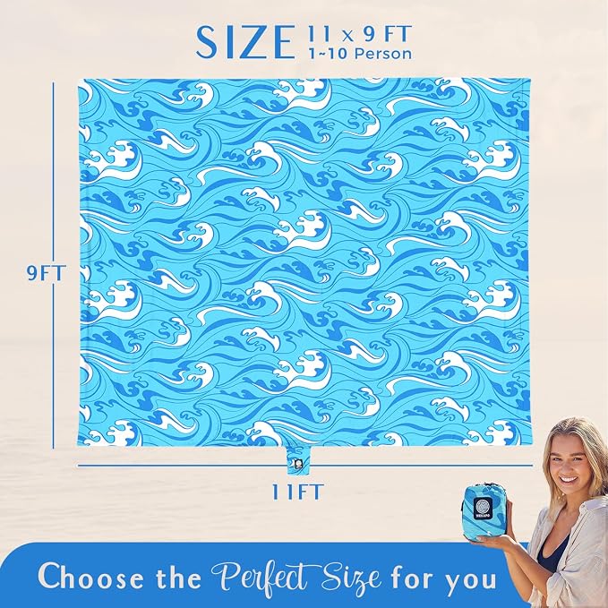 WEKAPO Beach Blanket Waterproof Sandproof Oversized Extra Large Sand Free Beach Mat with Stakes, Storage Bag - Essentials for Outdoor Beach, Picnic (Blue Ocean Waves, 11 X 9 FT (1~10 Person)) - Image 3