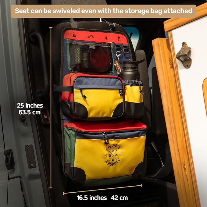Living in a Bubble Seat back Organizer – Magnetic Toiletry and Cooler Pouch, Cordura Car Backseat Storage with Device Holder & Hooks, Multi-Compartment Utility Bag for Campervans & Family Travel - Image 5