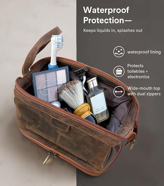 RUSTIC TOWN Leather Toiletry Bag for Men - Travel Gift Shaving Ditty Kit - Bathroom Shower Toiletries Organizer - Cosmetic Makeup Bag for Women - Image 4