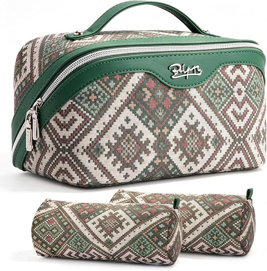BOYATU Travel Makeup Bag Organizer: Boho Large Capacity Cosmetic Bag Sets | 3Pcs Waterproof Leather Toiletry Bags | 180°Open Flat Make up Case with Compartments | Western Travel Essentials for Women by BOYATU