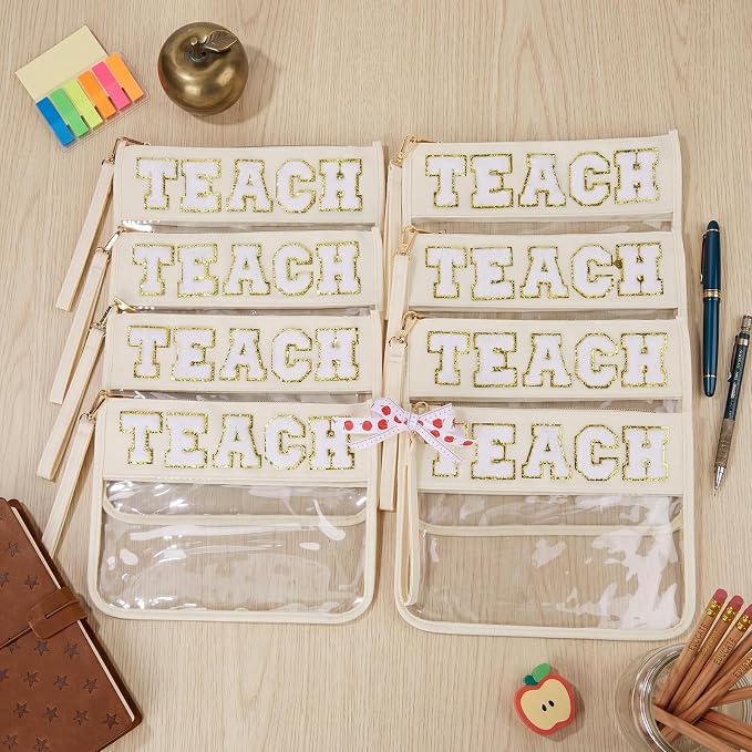 8 Pcs Teacher Appreciation Gifts Teach Chenille Letter Makeup Bag Monogram PVC Clear Zipper Pouch Wristlet Travel Cosmetic Bag Graduation Thank You Teacher Gift for Women (White Gold Letter) - Image 5