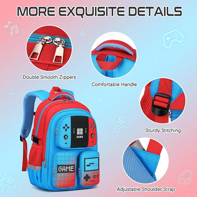 Gamer Backpack for Boys , 3PCS Boys Backpack with Lunch Box & Pencil Pouch, Waterproof School Bags for Boy Kids Children Teens, Elementary Middle School, Kids Book Bag Casual Daypack (Red Blue) - Image 5