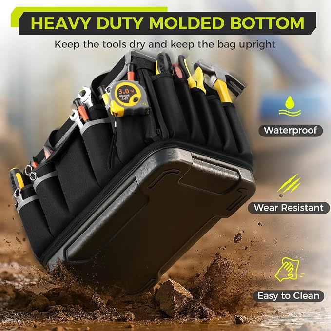 Heavy Duty Tool Bag 18-Inch, Extra Large 46 Pockets Electrician Tool Bag for men with Hard Bottom & Waterproof Pocket, 1680D Tear-Proof Toolbox Organizer for HVAC Mechanic, Father Dad Birthday Gift - Image 2