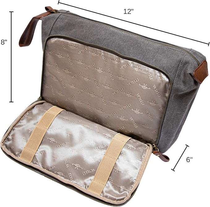 Vetelli Vintage Canvas Toiletry Bags, Travel In Style, Waterproof Canvas Dopp Kits, Durable (Messner) (Light Gray) - Image 7